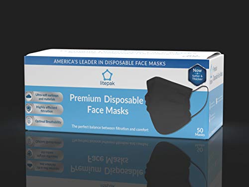 Image of Litepak 2000pcs Disposable Face Masks Black 3-Ply Adult Mask Nose Wire Protection - Breathable Protective Face Covering