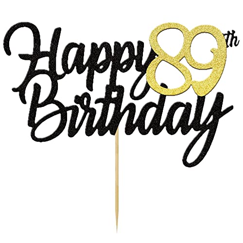Happy 89th Birthday Cake Toppers Glitter 89th Anniversary Cake Topper 89 Years Loved Bday Decorations 89 Gold Birthday Cake Decorations Eighty-nine Party Supplies for Women Men(Black Gold)