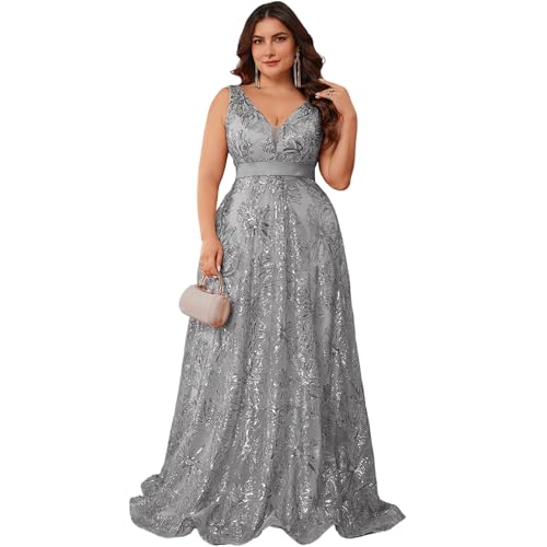 Image of Plus Size Formal Dresses for Women with Embroidery Sequin and V-Neck, A-Line Maxi Dress for Wedding and Cocktail