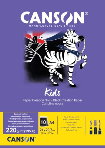 Canson Kids, Papel de dibujo negro, Doble cara: Granulada y lisa, 220g, Encolados por el lado corto, A4-21x29,7cm, Negro, 10 Hojas