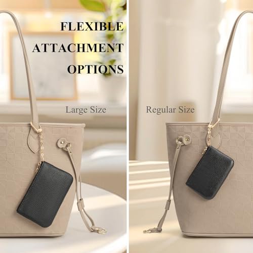 Image of Full Grain Leather Coin Purse with Key Chain - Small Change Purse Keychain Card Holder Keychain Pouch Small Keychain Wallet for Women and Men (Black - Large Size)