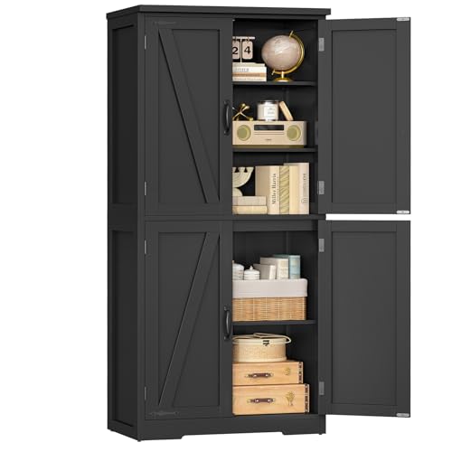 Image of TEENFON 58 inch H Storage Cabinet with Adjustable Shelf, Kitchen Cabinet with 4 Doors, Farmhouse Pantry Cabinets, Cupboard for Kitchen, Bathroom, Living Room, Black