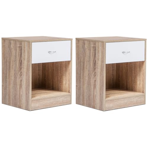 IDMarket - Lot de 2 Tables de Chevet Olga 1 tiroir avec Niche Bois façon hêtre et tiroir Blanc