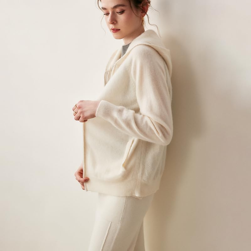 Women's Fall and Winter 100% Cashmere Zipper Open Long Sleeve Hoodie - Image 4
