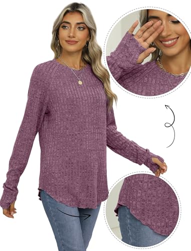 Image of Saloogoe Women's Long Sleeve Top Crewneck Basic Lightweight Fall Shirt with Thumb Hole