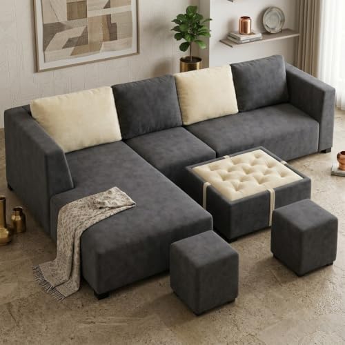 Image of FURNY Olympus 8 Seater LHS L Shape Sofa Set | Plush Velvet Suede Fabric | Modern Design | Soft Comfort Dual Color Cushions for Living Room, Office & Hotels (Dark Grey-Cream)