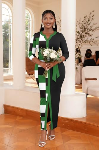 Image of Nmoder Maxi Dress for Women Long Church Cocktail Casual Dresses Colorblock Front Split 3 /4 Sleeve V Neck Pencil Dress