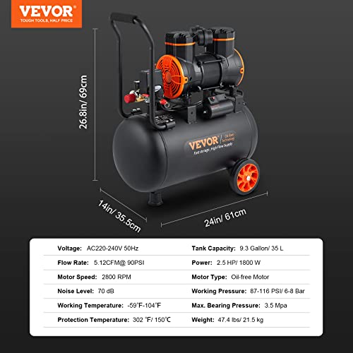 VEVOR Compresor de Aire Silencioso de 35L Compresor de Aire sin Aceite 1800W 2,5CV Presión Máxima de 3,5Mpa Motor sin Aceite 70dB para Reparación de Automóviles Inflado de Neumáticos Pintura a Pistola - Imagen 4