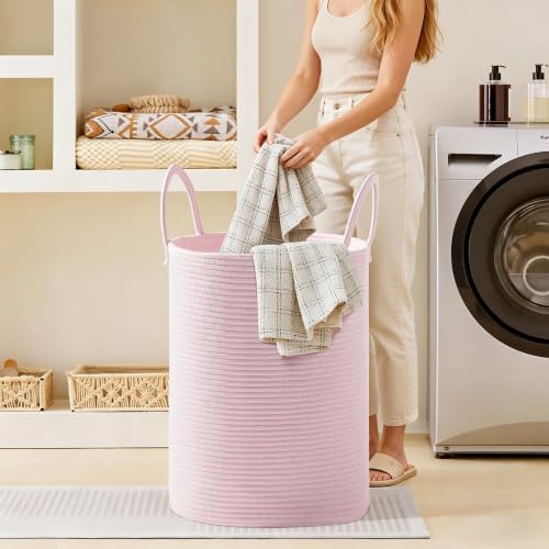Image of 53L Tall Cotton Rope Laundry Basket with Handles, Pink