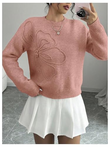 Image of Verdusa Women's Spring 3D Flower Appliques Crewneck Sweaters Long Sleeve Drop Shoulder Pullovers Knit Going Out Tops