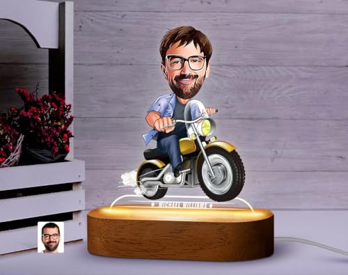 Image of THE GRANDEUR Caricature Gift for Men, Personalized LED Bike Rider Cartoon Figurine Gift for Men - Custom Name Light with Wooden Base, Birthday Gift for Him, (15 x 6 cm)