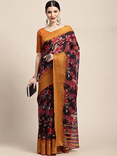 Image of AKHILAM Women's Printed Linen Zari Saree With Unstitched Blouse Piece (FF0BGBLT80001 Parent)