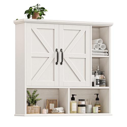 Image of Bathroom Wall Cabinet, Farmhouse Medicine Cabinet with Doors, Rustic White | Over The Toilet Storage Cabinet with Double Barn Door and Adjustable Wood Shelf for Wall Mounted for Bathroom Laundry Kitchen