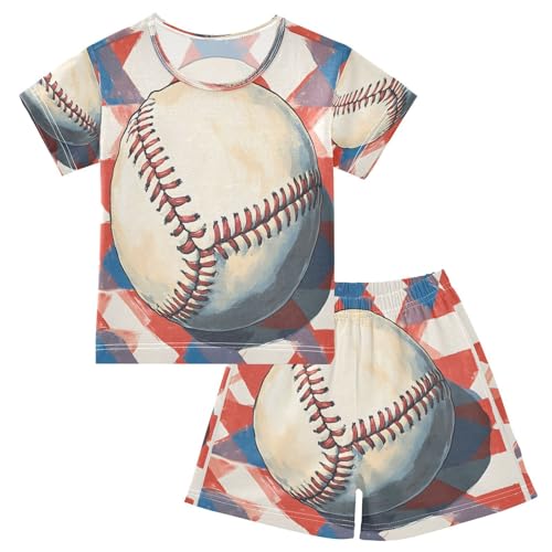 ALAZA Baseball on Colorful Pajamas Set Short Sleeve Cotton Sleepwear Summer Pjs 2 Piece 5-14Y