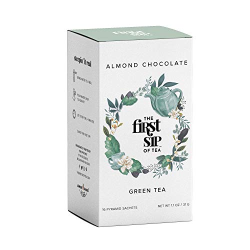 Almond Chocolate Green Tea, Pyramid Sachet Tea Bags, Dark Chocolate & Almond, Caffeinated, Hot & Iced Tea – 16 Cups | The Spice Hut, First Sip of Tea