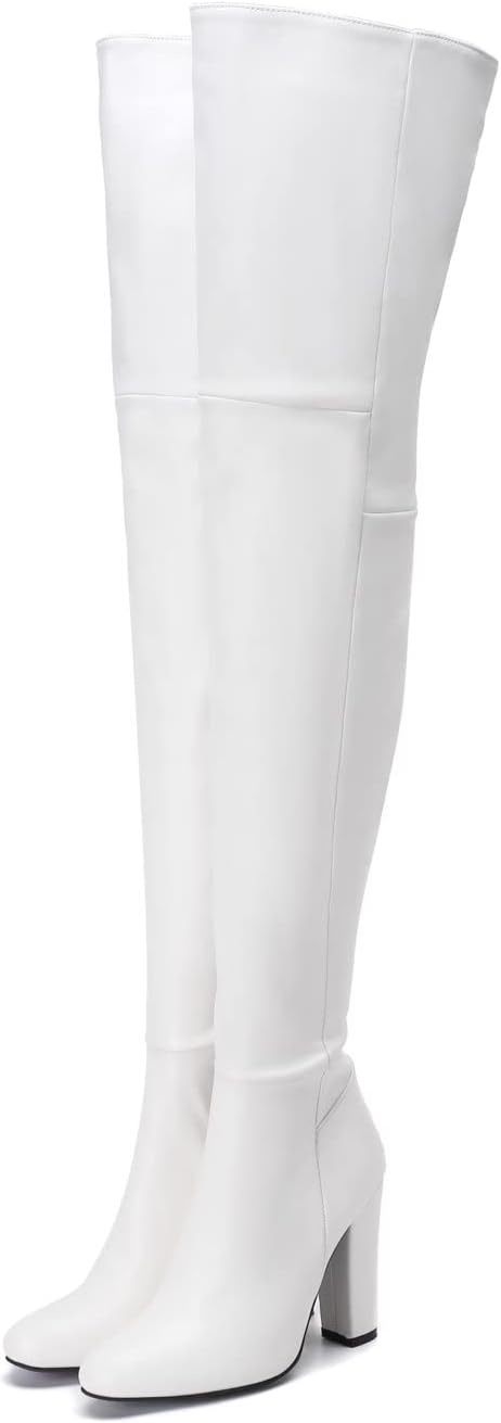 Frankie Hsu Sexy White Chunky Round Toe Over The Knee Boot, Classic Thigh High Style, Large Big Size Block Heels Above The Knee High Boots For Women
