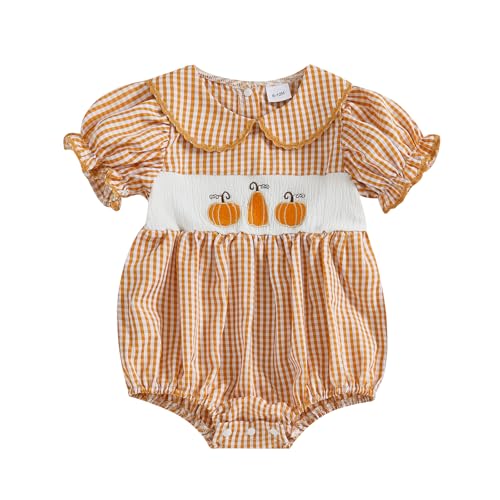 BULINGNA Newborn Baby Girl Halloween Outfit Bubble Sleeve Plaid Pumpkin Romper Summer Doll Collar Princess Clothes