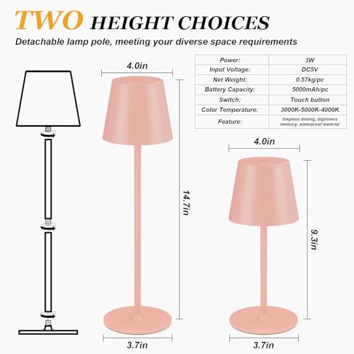 Image of Kakanuo Cordless Table Lamp Rechargeable Pink - KK 2 Pack 5000mAH Battery Operated Lamp for Counter, 3 Color Stepless Dimming Wireless Lamp for Dining Kitchen, Outdoor Patio, Touch Control
