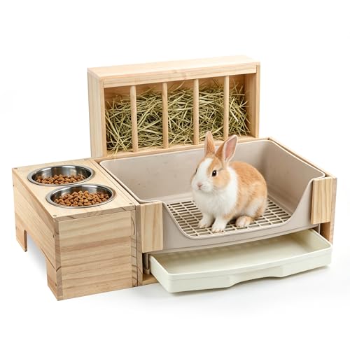 3-in-1 Rabbit Hay Feeder with Lid Covered Hay Rack & Litter Box Drawer Wooden Bunny Feeder Set Mess-Proof Waste-Reducing Easy Clean for Rabbits & Small Animals (Style 3)