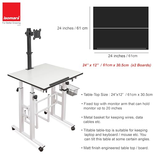 Image of Isomars Computer /Laptop Table with Adjustable Height & Angles, Sit Stand Table, Computer Desktop Workstation with Fixed Monitor Mount - Useful for Using Gadgets Like Desktop, Laptop, etc. (White)