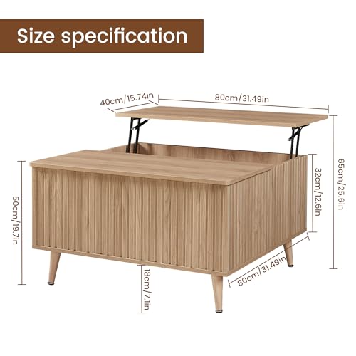 Image of Square Coffee Table for Living Room, Lift Top Coffee Table with Storage, Fluted Coffee Tables with Lifting Top, Mid Century Modern Center Tea Table for Home Office, Studio, Natural Oak