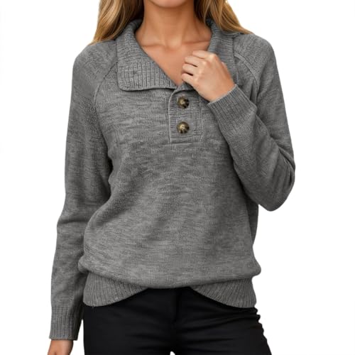 Suéter de punto trenzado con botones y cuello alto para mujer, acogedor, suéter de cuello alto, holgado, color liso, casual, de manga larga, gris oscuro, XL
