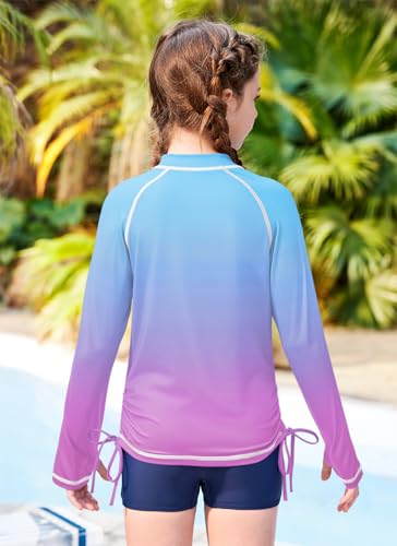 Image of BesserBay Girls Rash Guard UPF 50+ Zip Up Raglan Long Sleeve Adjustable Drawstring Swim UV Jacket 4-14 Years