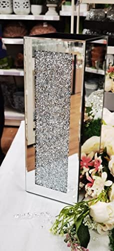 Deenz Flower Vase With Floral Design Crystal Crushed Diamond loose diamante Flower Vase Pot Silver 13x13x35Cm