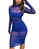 Atyfuniby Women's Sexy 3 Piece Outfits Three Pc See Through Sheer Mesh Ruched Midi Dresses Cover Ups + Spaghetti Strap Crop Tank Tops + Skinny Shorts Sets Clubwear Blue Small