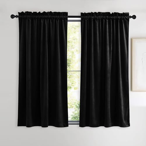 NICETOWN Black Out Velvet Curtains 54 inches Long for Patio, Solid Heavy-Duty Energy Saving Short Window Treatments Rod Pocket Drapes for Cafe (2 Pane