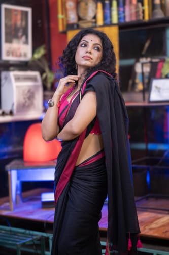 Image of Sudip callection Handloom Mul Cotton Saree for Women - Bottle Green with Pink Border Golden Zari Line & Tassel Pallu