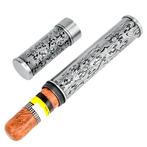 Linkidea Custodia per sigari in lega di zinco, stile vintage, a righe, da uomo, ermetica, portatile, da viaggio, compatibile con sigari con calibro a 50 anelli (argento)