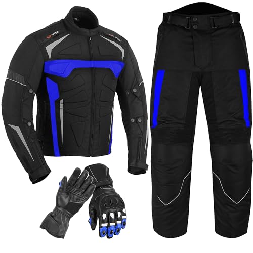 Men’s Waterproof Motorcycle Suit 600D Cordura Jacket & Trouser Set with gloves | CE Armoured Biker Gear with Liner & Ventilation (Blue, XS)