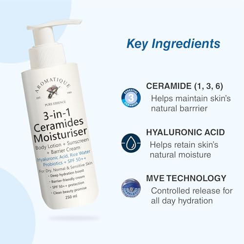 Image of Aromatique 3-in-1 Ceramides Moisturizer | Body Lotion + Sunscreen + Barrier Cream with Hyaluronic Acid, Rice Water, Probiotics & SPF 50++ | For Dry, Normal & Sensitive Skin | 250ml