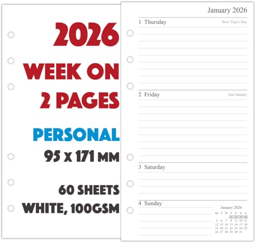 Orgnizme 2026 Diary Refill Personal Size, Week on Two Pages, Compatible with Filofax Personal Organiser, 95 x 171mm