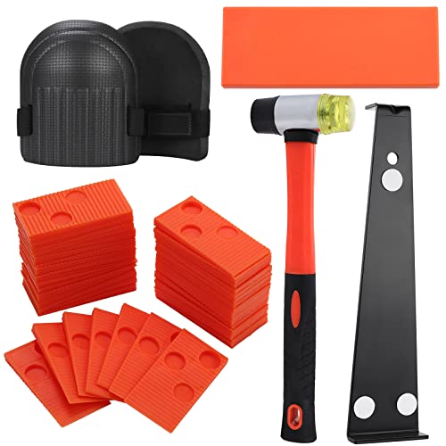 Laminat Holz Bodenbelag Installation Kit Plank Bodenbelag Montagewerkzeug mit 40 Abstandshaltern Heavy Duty Zugstange Solid Tapping Block Double-Faced Mallet, Foam Kneepads (Orange) Cover