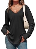 Tankaneo Womens Deep V Neck Tunic Tops Long Sleeve Oversized Casual Loose Fit Curved Hem T Shirts Black