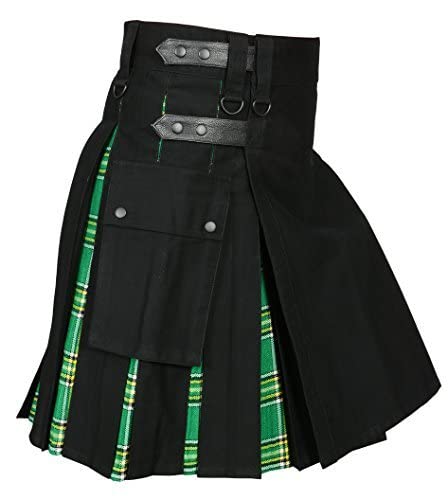 Men ' s Hybrid Utility Kilt Black & Irish Tartan (Belly Button 44)