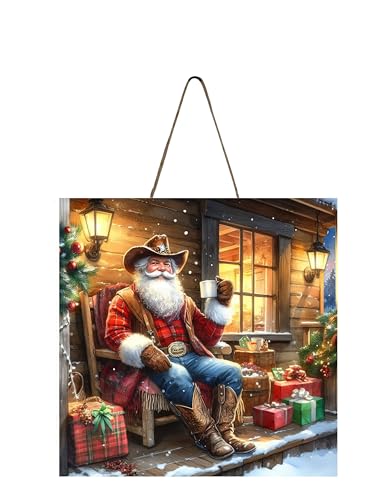 Western Christmas Handmade Printed Wood Christmas Ornament Small Sign (Cowboy Santa)