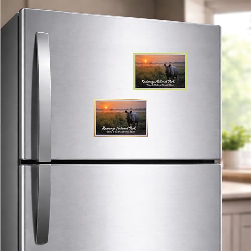 Image of Decorative Fridge Magnet with Glowing Border | Pack of 1 (Kaziranga National Park, Assam - Home to the One Horned Rhino, 4x3 inch - Fluorescent Border)
