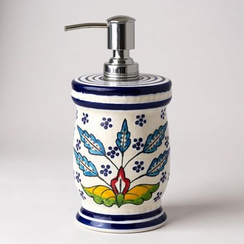 Image of Ceramic Soap Dispenser 330ml (Set of 1) | Multipurpose Lotion, Hand Wash & Liquid Soap Pump Bottle for Bathroom & Kitchen | Hand-Painted Blue & White Flower