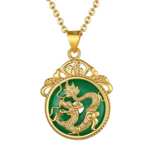 GoldChic Collier Dragon Femme Turquoise Jade Pendentif Rond Bouddhiste Vert Homme Religieux Chinois Médaille Porte Bonheur Amulette Protection Chaine Garcon...