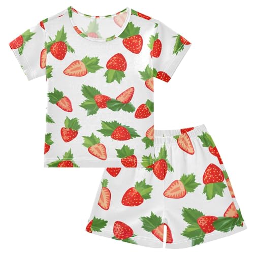 Strawberry Leaf White Pajama Set Short Sleeve Sleepwear Soft Pajamas Shorts Sets Cotton PJS 5Y