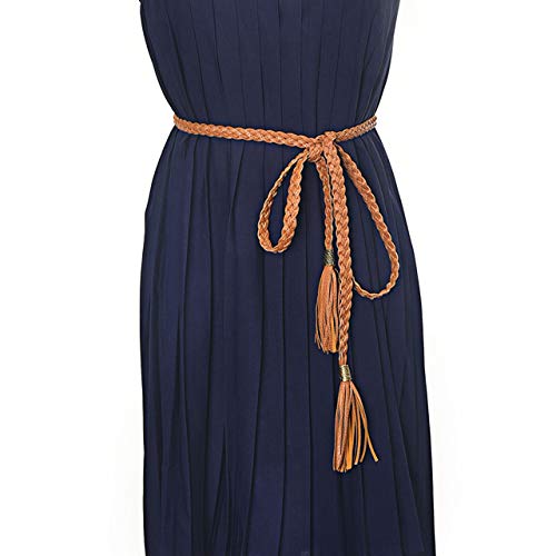 Chic Diary Women Braided Waist Belt Skinny Woven Tassel Belt For Dress (Brown) #TOP5