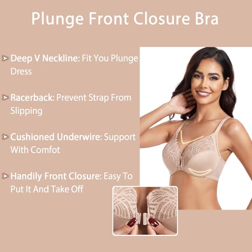 HACI Women's Front Closure Bra Underwire Unpadded T-Back Plus Size Lacy Full Coverage Racerback T-Shirt Unlined2