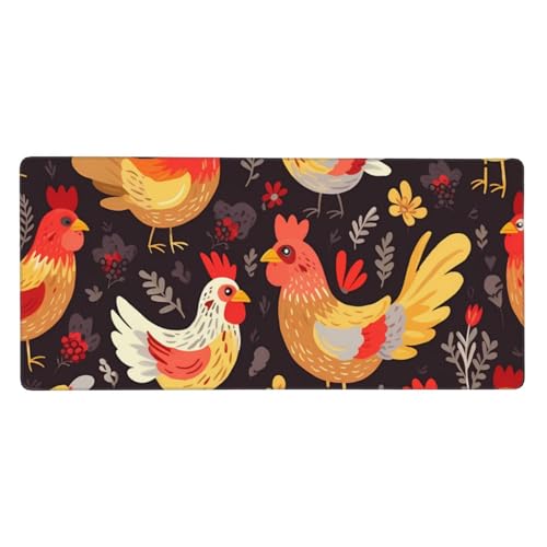 Grand tapis de souris XXL 90x40 cm avec motif coq et poules pour bureau