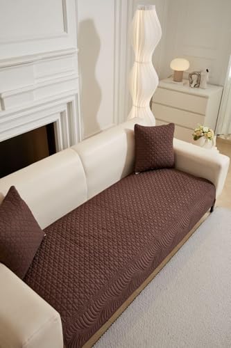 Image of HOMETHREADS Premium Cotton Sofa Cover Mat with PVC Backing for Non-Slip Comfort (Brown, 4 Seater Small | 70x200cm)