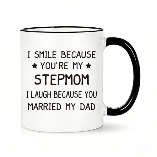 Lxenrra Step Mom Birthday Gifts Coffee Mug 11 Oz, Step Mom Gifts from Daughter or Son, I Smile Because You're My Stepmom Mug, Bonus Mom Gift