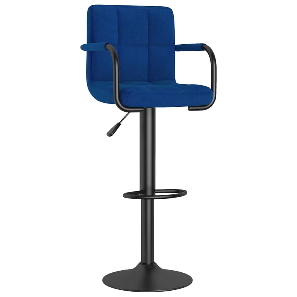 Taburete de bar de 2 unidades, tela azul con respaldo, reposabrazos, altura regulable y giratoria, acero con recubrimiento en polvo, reposapiés, ideal para cocina, comedor, bar y mostrador