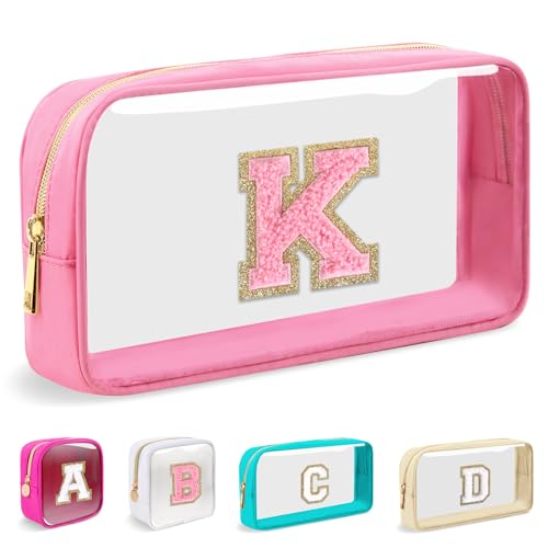 Small Clear Personalized Initial Makeup Bag,Nylon Preppy A-Z Chenille Letter Patch Cosmetic Pouch Beach Toiletry Bag,Waterproof Zipper Travel Purse Storage Bag Organizer for Women Girls(Pink-Pink K)